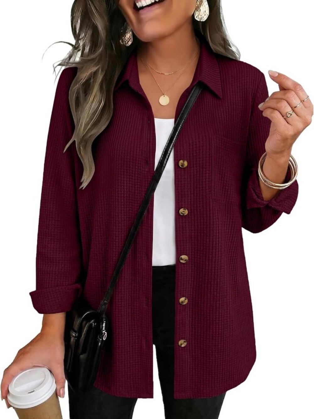 Cozy Waffle Knit Shacket for Women | Button Down Long Sleeve Top with Pocket